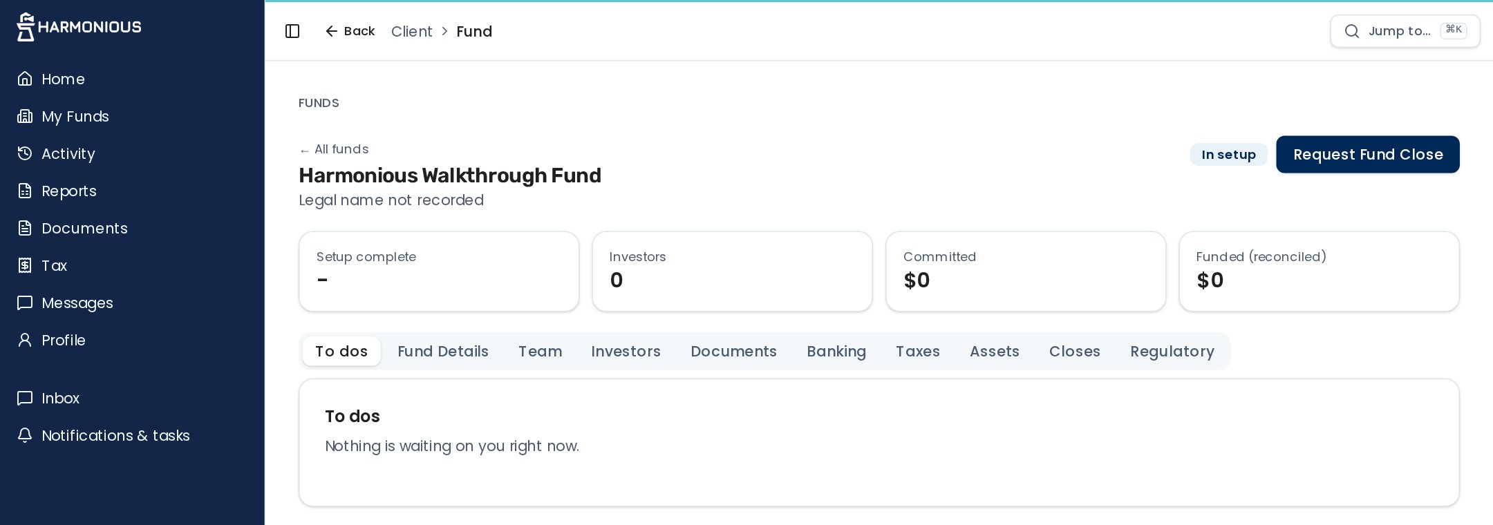 A fund in the Harmonious portal with To dos, Team, Investors, Documents, Banking, Regulatory and other tabs